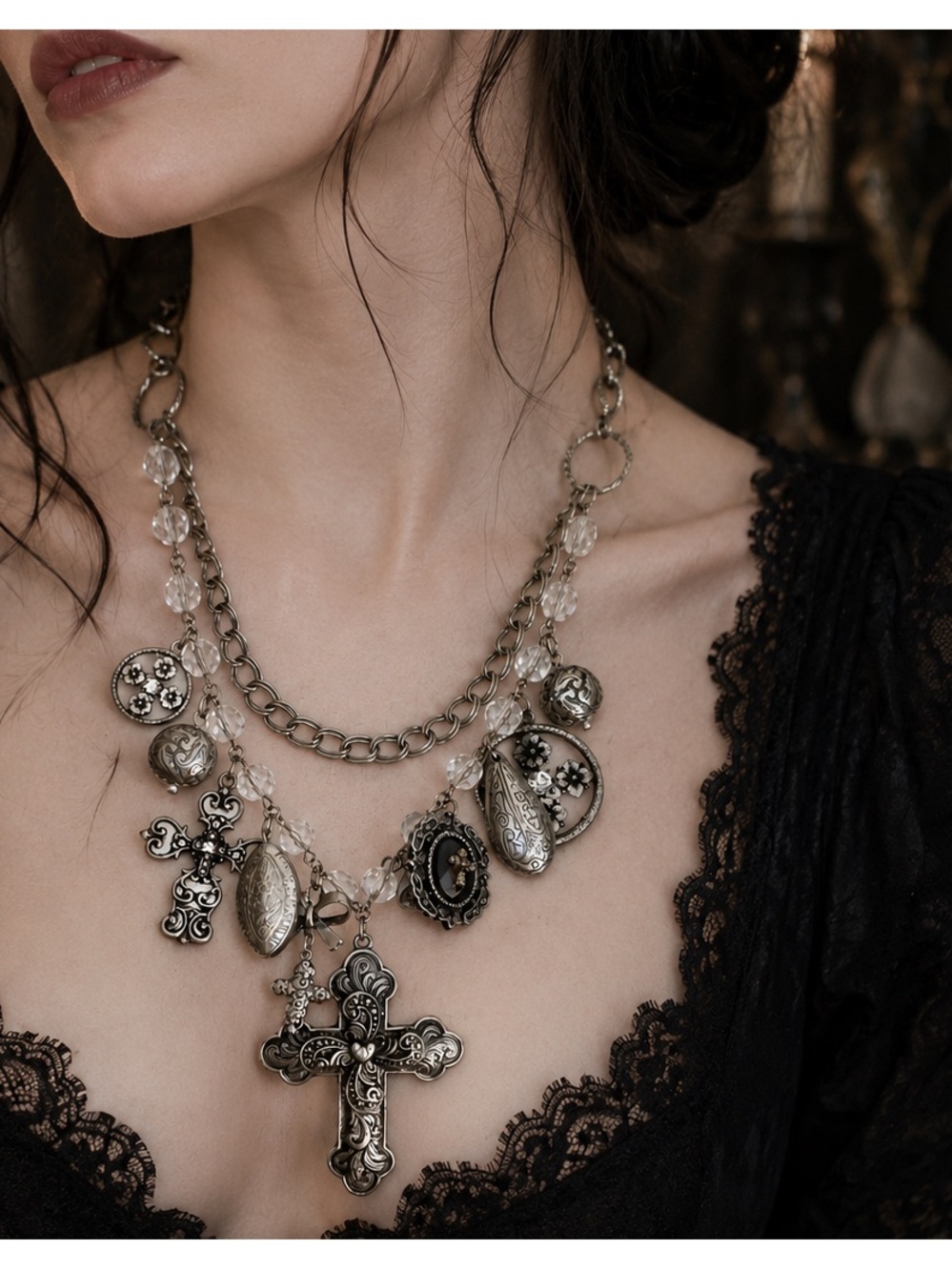 Victorian Revival Christian
Silver Cross Statement Crystal Necklace